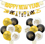 Happy New Year Dekorationen 2025 - 1 Schwarz Gold Happy New Year Banner mit 15 Happy New Year Ballon Set, 2025 Happy New Years Eve Party Decors