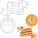 BAKERLOGY 2 aastavahetuse k&uuml;psisevormide komplekt - Happy New Year Banner & 12 o'clock Countdown Clock k&uuml;psisevormid aastavahetuse pidude, p&uuml;hade k&uuml;psiste ja talvise pagarit&ouml;&ouml; jaoks.