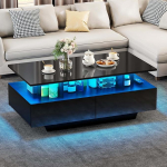 YITAHOME Coffee Table Black Living Room Table High Gloss with 16-Colour LED Lighting Modern, Side Table Black with Open Display Shelf and 4 Pull-Out Drawers 90 x 55 x 41.1 cm