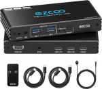 ROFAVEZCO 4K@120Hz USB-C KVM Switch HDMI2.1 2 s&uuml;learvutit 2 USB 2.0 pordiga L/R MIC Out Share 1 monitorid klaviatuur hiir k&otilde;vaketas printer PD100W toiteallikaga, 2 Type C kaablit, IR kaugjuhtimispult