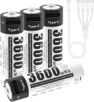 AA laetavad patareid, 1,5 V 3600 mWh laetavad patareid AA koos 4-in-1 C-t&uuml;&uuml;pi laadimiskaabli ja hoiukotiga, 4 tk pakendis