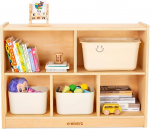 wingyz puidust hoiuriiul, 5 kambriga, Montessori laste m&auml;nguasjade ja raamatute riiul, t&auml;ispuidust kapp lastetoale, m&auml;ngutuppa, klassiruumi, lasteaeda, eelkooli m&ouml;&ouml;bel - naturaalne