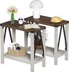 ChooChoo Farmhouse Side Table for Small Spaces, Narrow Side Table with Shelf, Rustic A-Design Bedside Table, Sofa Table for Living Room, Bedroom (White & Brown), Pack of 2