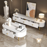 Couchtisch und TV-Schrank Kombination, Wei&szlig; und Gold, MDF, mit Schubladen, abgerundete Ecken, Wohnzimmer Set, Hochglanz Finish