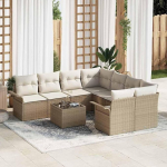 Modulares Gartensofa-Set 9-teilig in Beige und Creme aus Poly-Rattan mit Tisch und Kissen f&uuml;r die Terrasse als komplettes Lounge-Set mit 2 Ecken und 4 Mittelsitzen
