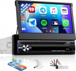 SIXWIN 4+64GB 1 DIN Android 15 Navi Autoradio mit Wireless Carplay Android Auto, 7 Zoll Bildschirm Bluetooth Radio Ausfahrbarem Manuelle mit Mirror Link WiFi GPS Bluetooth FM/RDS 32EQ