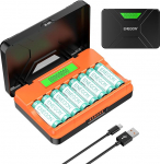 ENEGON 8-Fach Schnellladeger&auml;t f&uuml;r AA/AAA mit LCD-Display + 8 AA NI-MH Akkus (2400mAh), USB-C Ladestation mit Aufbewahrung - f&uuml;r M&auml;use,Spielzeug & Elektronik