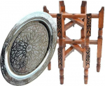 Oriental Table, Made of Silver-Plated Brass Tray, Cedar Wood Frame, Diameter 40 cm, for Your Living Room, Antique Vintage Moroccan Side Table, Sofa Table, 100% Traditional Handmade