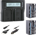 2 x Blumax aku NP-F750 / NP-F550-5200 mAh + Dual LCD laadija, mis &uuml;hildub Sony NP-F570 NP-F970 NP-F990 v&auml;lklambi videovalgustite v&auml;lismonitoriga.