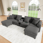 Modulares U-/L-Sofa mit Bluetooth Lautsprecher, Ecksofa mit Konsole, kabellosem Laden & USB, Cord Sofa mit Stauraum, Getr&auml;nkehaltern, 6-Sitzer Wohnlandschaft (Grau)