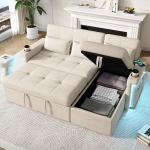 Ecksofa, Schlafsofa, ausziehbar, mit Schlaffunktion, LED ja USB, verstellbare R&uuml;ckenlehne mit 2 Getr&auml;nkehaltern, Wohnzimmersofa mit Stauraum, Beige