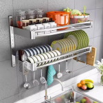 2-st&ouml;ckiges Wandgeschirrsp&uuml;lgestell aus Edelstahl 304 mit Abtropfschale und Besteckhalter, platzsparender K&uuml;chensp&uuml;len-Organizer f&uuml;r Teller und Sch&uuml;sseln, einfache Montage