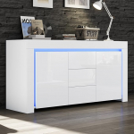 ModernLuxe LED Sideboard k&otilde;rgl&auml;ikega elutoa k&uuml;lgkapp 140 x 40 x 65 cm, 3 sahtlit ja 2 ust, kaasaegne kapp koos hoiuruumiga esikusse, kontorisse ja elutuppa, valge v&auml;rvi