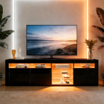Senvoziii LED TV kapp Modern High Gloss 3 uksega + klaasriiulid, TV-plaat telerile (180 x 35 x 53 cm) - hoiuruumim&ouml;&ouml;bel elutuppa, must