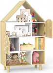 COSTWAY Laste majakujuline raamaturiiul 2 uksega ja t&auml;ispuidust jalgadega, 4 tasandiline puidust m&auml;nguasjade riiul, m&auml;nguasjade korraldaja m&auml;ngutuppa, lastetuppa ja magamistuppa, naturaalne