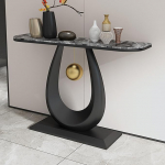 Moderner schwarzer Konsolen-Sofatisch mit Felsplatte und Metallrahmen, stilvoller Beistelltisch f&uuml;r Wohnzimmer, Flur, Foyer und Eingangsbereich, 100 cm