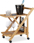 Relaxdays Bamboo Kitchen Trolley, Foldable Serving Cart with Bottle Holder, Wooden, Castors, HxWxD: 70 x 40.5 x 65 cm, Natural