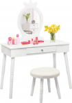COSTWAY Children's Dressing Table, 2-in-1 Makeup Table & Desk with Removable Mirror & Stool, Dressing Table with Drawer & Pine Legs, Cosmetic Table Maximum Load 65 kg, 70 x 34 x 100 cm (White)
