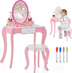 GOPLUS 2 in 1 Children's Dressing Table with Stool, Dressing Table with Removable & Rotating Mirror & Whiteboard & Drawer & 2 Storage Grids, Cosmetic Table for Girls from 3-7 Years (Pink)