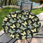 Outdoor round tablecloth with elastic band, diameter 44 inches - 110 cm, elastic garden tablecloth with golden edge butterfly pattern