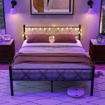 HOJINLINERO King Size Bed Frame with Headboard and Lights 5ft x 79" Metal Bed Frame King Mattress Underbed Storage No Box Spring Required Heavy Duty Slatted Support Solid