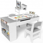 Clevich laste laud koos 2 tooliga, puidust laua-tooli komplekt, laste istumiskomplekt koos hoiuruumiga, maalimislaud paberirulliga, maalimis- ja k&auml;sit&ouml;&ouml;laud alates 3-aastastele (Hall)