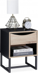 Relaxdays Bedside Table with Drawer, H x W x D: 50 x 39 x 35 cm, Side Table Living Room & Bedroom, Metal, Wood Effect/Black