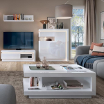 Kodum&ouml;&ouml;blikomplekt, Highboard & seinariiul & TV Lowboard & kohvilaud, valge k&otilde;rgl&auml;ikega, kaudse valgustusega