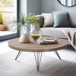 Hestia &uuml;mmargune kohvilaud, 90 cm, puidust, &uuml;mmargune laud tamme v&auml;limusega, mustade metalljalgadega, elutoa laud, diivanilaud, k&uuml;ljelaud, kaasaegne, mitmek&uuml;lgne, vastupidav ja kergesti puhastatav.