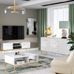 Seina TV-seina k&otilde;rgl&auml;ikega valge 3-osaline kaasaegne 1 madallaud 1 k&uuml;ljepaneel 1 kohvilaud kuldsete aktsentidega