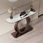 Moderner geometrischer Konsole mit leicht zu reinigender Sintersteinplatte, schmale Eingangsbereich-Sofatabelle f&uuml;r Flur, Wohnzimmer, Empfangshalle, Eingang(Brown+White,39.3"/100cm)