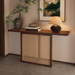 Konsolentisch Schmal aus Massivholz, Beistelltisch Schmal im Neuen Chinesischen Stil, Neuartiges Design mit T-F&ouml;rmigen Rattanbeinen, Flurtisch f&uuml;r Flur Und Sofa(100x30x75 cm/39x12x30 in)