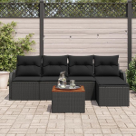 6-teiliges Garten Sofa Set mit Kissen, schwarzes Poly Rattan und Akazie, 2-Sitzer Garten Sofa mit Stauraum & Kissen, schwarzes Poly Rattan Gartenlounge Model3356112