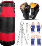Odoland Punch Bag Set for Children and Teenagers, 7-in-1 Box Set with 2 ft Punch Bag, Unfilled, 6 oz Boxing Gloves, Steel Chain, Carabiner Hook, Protective Bands, Sandbag, Kickboxing, MMA, Martial