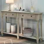 Farmhouse Narrow Console Sofa Table with 2 Drawers and Bottom Shelf, Rustic Distressed Grey