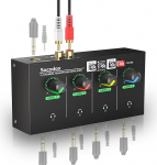 socodox 4-kanaliline k&otilde;rvaklappide v&otilde;imendi, kompaktne metallist stereok&otilde;rvaklappide mikser 6,35 mm, 3,5 mm ja RCA sisendiga, TRS v&auml;ljundid, Mute funktsioon ja lahe valgus, DC 12 V - 14 x 7 x 3,1 cm.