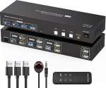 TJCXELE KVM l&uuml;liti 3 PC 2 monitori HDMI 4K60Hz, EDID, USB 3.0 KVM l&uuml;liti 3 PC jaoks, mis jagavad klaviatuuri, hiirt, USB seadmeid, koos USB kaabli, inline kontrolli, kaugjuhtimispuldi ja toiteallikaga SW330