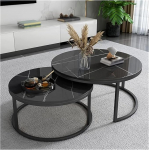 Runder Couchtisch, Set mit 2 Nisttischen mit Plankenholzplatte und schwarzem Stahlrahmen, stilvolle M&ouml;bel f&uuml;r kleine R&auml;ume im Wohnzimmer, Schlafzimmer, Home Office von Modern