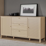 Forte SKELBIT Sideboard 160, suur kapp Boho stiilis, 2 ust, 3 sahtlit, puukomposiit, elutuba, magamistuba, Elegancia tammepuidust kaunistus, Technorattan, 162,8 cm lai x 82,5 cm k&otilde;rge x