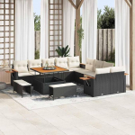 Poly-Rattan Sofa-Set 13-teilig in Schwarz und Creme, Outdoor-Gartenm&ouml;bel-Set mit Akazienholz-Tisch f&uuml;r Terrasse und Balkon