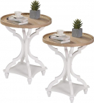 Wnutrees Farmhouse End Table Round Accent Rustic Side Table Bedside Table for Living Room Bedroom Wooden Tray Top Handmade Finish Set of 2 White