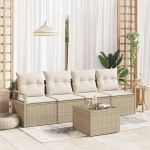 Modernes Garten Sofa Set 5 teilig in Beige Creme Poly Rattan mit rechteckigem Gartensofa und Glasplatte als Gartenm&ouml;bel Set mit praktischem Stauraum und Kissen