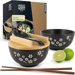 Moritz & Moritz 2 x Ramen keraamilised kausid, 600 ml, 15 cm l&auml;bim&otilde;&otilde;duga, must Ramen kausside komplekt 2 inimesele, supp, Pho ja Sushi kauss, sisaldab pulgad, kaas ja lusikas