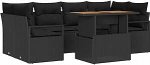 7-teiliges Garten Sofa Set mit Kissen Schwarz Poly Rattan Akazienholz, 2-Sitzer Garten Sofa mit Kissen Schwarz Poly Rattan Gartenlounge Model3349666