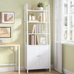 HEXCELEN 6 Tier Bookcase with Doors, Shelf, Trapezoidal Standing Shelf, Bookcase with 4 Open Shelves, Adjustable Shelves, for Bedroom, Study, Living Room, Modern, White