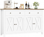 FirFurd Sideboard 140 cm lai k&ouml;&ouml;gikapp koos t&ouml;&ouml;tasapinnaga Buffetkapp 2 sahtli ja 4 uksega k&ouml;&ouml;gibuffet reguleeritava riiuliga Sideboard k&ouml;&ouml;ki elutuppa s&ouml;&ouml;gituppa Valge 140 x 89 x