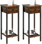 IBUYKE 2er Set Nachttisch, Schmal Nachtschrank, Hoch Beistelltisch mit Einer Schublade, Verstellbarer F&uuml;&szlig;e, 25x25x71 cm, Vintage Sofatisch f&uuml;r Wohnzimmer und Schlafzimmer, Braun TMJ417H-2