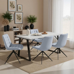 5-osaline s&ouml;&ouml;gitoa komplekt - kaasaegne s&ouml;&ouml;gilaud (140 x 80 cm) koos 4 p&ouml;&ouml;rleva polsterdatud tooliga, metallraam ja MDF lauaplaat, sametkangas v&otilde;i PU-kate, stiilne ja vastupidav.