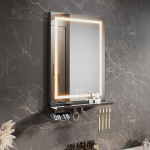 LED vannitoa peegel riiuliga Vannitoa peegel 50 x 70 cm koos valgustusega 3 valgusv&auml;rvi Dimmerdatav seinapeegel uduvastase ja puutetundliku l&uuml;litiga Vannitoa peegel 50 cm riiuliga vertikaalselt