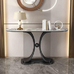 Schmaler Konsolentisch f&uuml;r den Eingangsbereich, stilvoller Flurtisch mit geometrischem Metallrahmen, modernes graues Finish, 100 cm/39,4 Zoll Wohnzimmer-Akzentm&ouml;bel